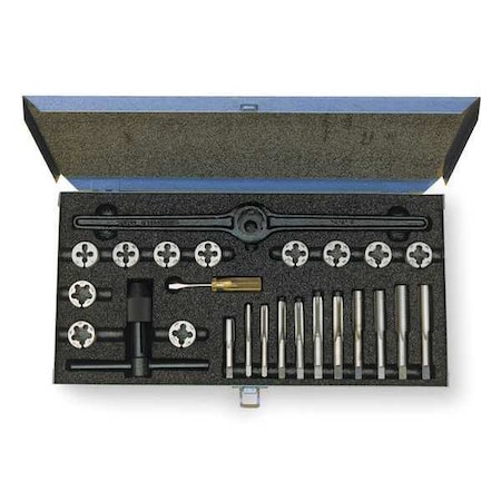 Cle-Line 25PC HSSPlugHandTap & CarbonRound Adj Die Set Cle-Line 11 Sizes 1/4-20 To 1/2-20, 1/8-27 UNC, UNF, NPT C00528