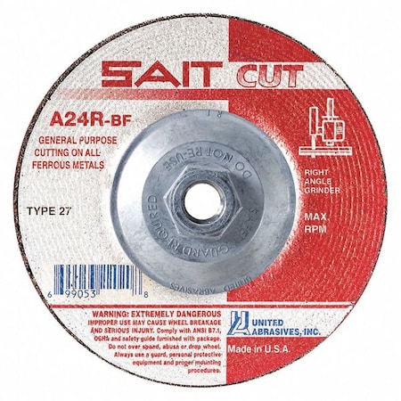 United Abrasives/Sait Depressed Center Cut-Off Wheel, Type 27, 4 1/2 in Dia, 0.0938 in Thick, 5/8"-11 Arbor Hole Size 22120
