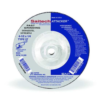 United Abrasives/Sait Depressed Center Grinding Wheel, Type 27, 4 1/2 in Dia, 0.25 in Thick, 5/8"-11 Arbor Hole Size 20146