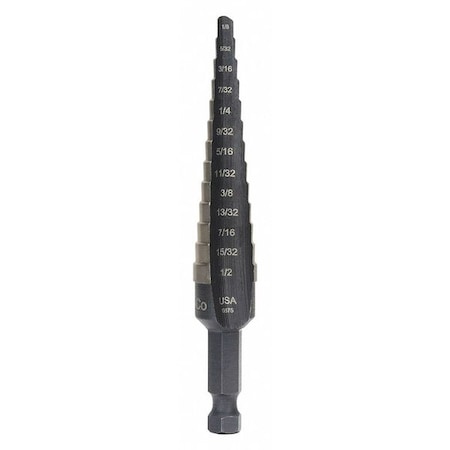 Irwin Step Drill Bit, 13 Hole Sizes, 1/8 in to 1/2 in, 1/32 in Step Increments, Black Oxide Finish UNIBIT 1