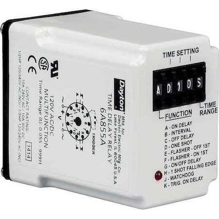Dayton Multifunction Time Delay Relay, Octal, Multi Function, 10 Functions 240V AC, DPDT 5DRA1