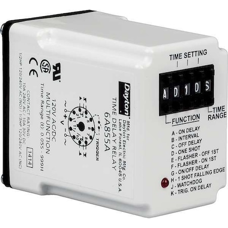 Dayton Multifunction Time Delay Relay, Octal, Multi Function, 10 Functions 12V DC, DPDT 5DRA2