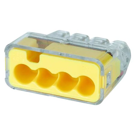 Ideal Push-In Wire Connector, 12 AWG Max, 4 Port, Yellow, Polycarbonate Insulation, 600 V, 20 A, 200 PK 30-1034J