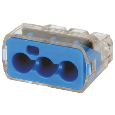 Ideal Push-In Wire Connector, 10 AWG Max, 3 Port, Blue, Polycarbonate Insulation, 600 V, 30 A, 50 PK 30-1039