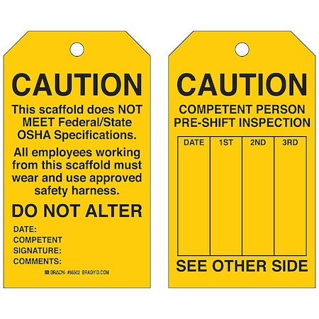 Brady Tag, Inspection, Polyester, 7 in H x 4 in W, Black on Yellow, Rectangle, 10 PK 86629