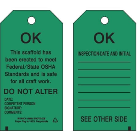 Brady Tag, Inspection, Paper, 5 3/4 in H x 3 in W, Black on Green, Rectangle, 100 PK 86682