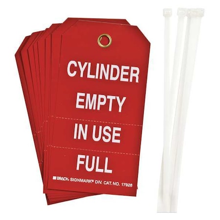 Brady Cylinder Status Tag, Lockout Tagout, Polyester, 5 3/4 in H x 3 in W, 3/8 in Dia., Red, White, 10 PK 17928