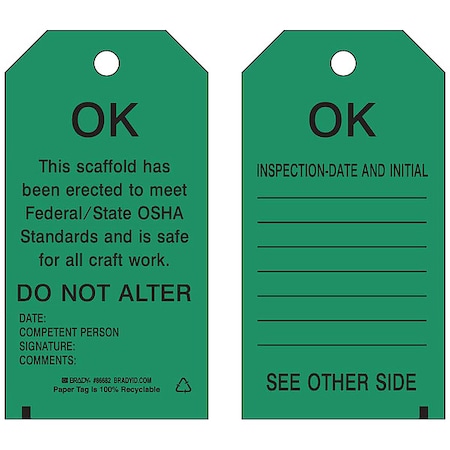 Brady Tag, Inspection, Polyester, 5 3/4 in H x 3 in W, Black on Green, Rectangle, 10 PK 86572