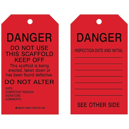 Brady Tag, Inspection, Heavy Duty Polyester, 7 in H x 4 in W, Black on Red, Rectangle, 10 PK 89018