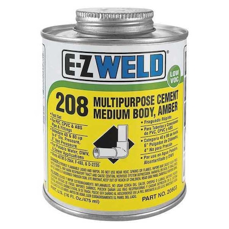 Ez Weld Cement, 16 Oz, Amber, PVC, CPVC, ABS 20803