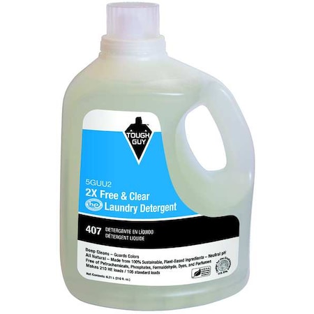 Tough Guy High Efficiency Laundry Detergent, 210 oz Jug, Liquid, Unscented, Clear 5GUU2