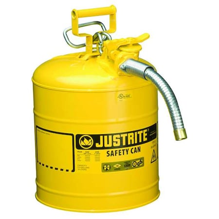 JUSTRITE Type II Safety Can, 5 Gal Capacity, For Use With Diesel, Galvanized Steel, Yellow, Includes Hose 7250230