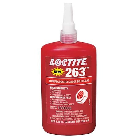 Loctite Primerless Threadlocker, LOCTITE 263, Red, High Strength, Liquid, 250 mL Bottle 1330335