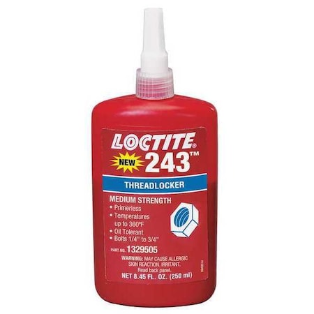 Loctite Primerless Threadlocker, LOCTITE 243, Blue, Medium Strength,  Liquid, 250 mL Bottle 1329505