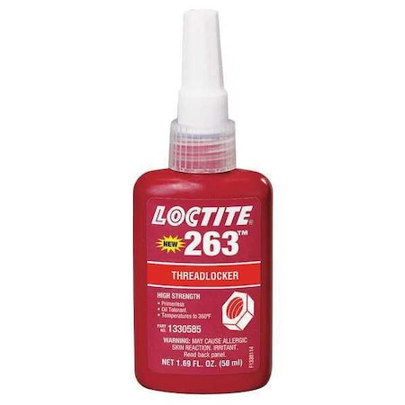 Loctite Primerless Threadlocker, LOCTITE 263, Red, High Strength, Liquid, 50 mL Bottle 1330585