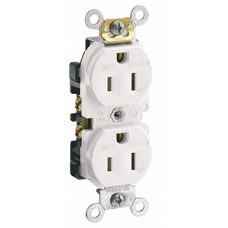 Leviton Straight Blade Receptacle, 5-15R, 15 A, 125V AC, 2 Pole, 3 Wire, Flush Mount, Single, White TCR15-W