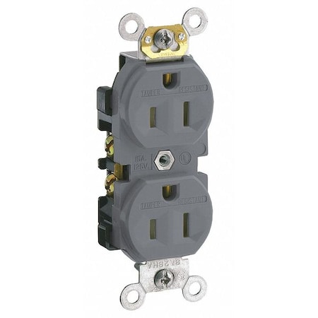 Leviton Straight Blade Receptacle, 5-15R, 15 A, 125V AC, 2 Pole, 3 Wire, Flush Mount, Single, Gray TCR15-GY