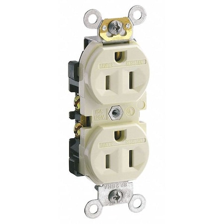 Leviton Straight Blade Receptacle, 5-15R, 15 A, 125V AC, 2 Pole, 3 Wire, Flush Mount, Single, Ivory CR15-IS