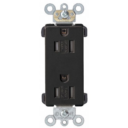 Leviton Straight Blade Receptacle, 5-15R, 15 A, 125V AC, 2 Pole, 3 Wire, Flush Mount, Single, Black TDR15-E