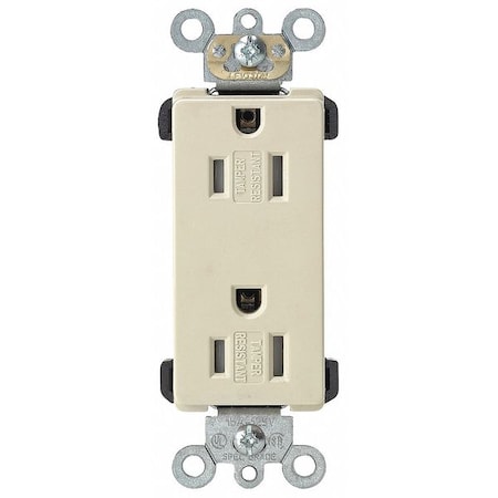 Leviton Straight Blade Receptacle, 5-15R, 15 A, 125V AC, 2 Pole, 3 Wire, Flush Mount, Single, Ivory TDR15-I