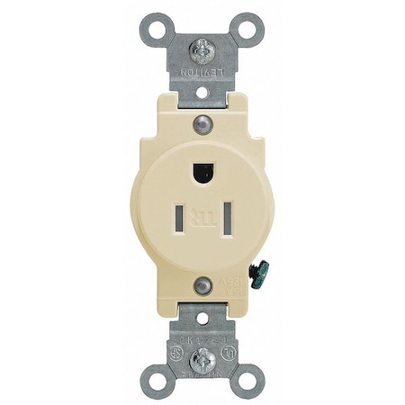 Leviton Straight Blade Receptacle, 5-15R, 15 A, 125V AC, 2 Pole, 3 Wire, Flush Mount, Grounded T5015-I