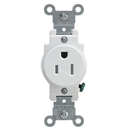 Leviton Straight Blade Receptacle, 5-15R, 15 A, 125V AC, 2 Pole, 3 Wire, Flush Mount, Single, White T5015-W