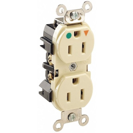 Leviton Straight Blade Receptacle, 5-15R, 15 A, 125V AC, 2 Pole, 3 Wire, Flush Mount, Single, Ivory 8200-IGI