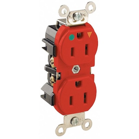 Leviton Straight Blade Receptacle, 5-15R, 15 A, 125V AC, 2 Pole, 3 Wire, Flush Mount, Single, Red 8200-IGR