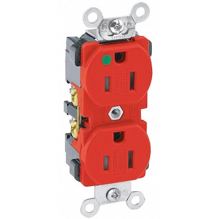 Leviton Straight Blade Receptacle, 5-15R, 15 A, 125V AC, 2 Pole, 3 Wire, Flush Mount, Single, Red 8200-SGR