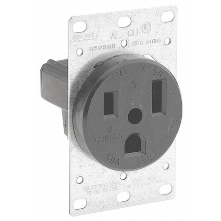 Leviton Straight Blade Receptacle, 6-50R, 50 A, 250V AC, 2 Pole, 3 Wire, Flush Mount, Grounded 5374-S00