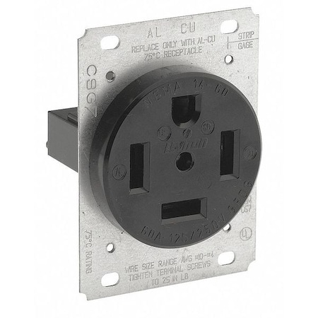 Leviton Straight Blade Receptacle, 14-60R, 60 A, 125/250V AC, 3 Pole, 4 Wire, Flush Mount, Grounded 9460