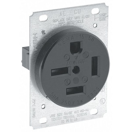 Leviton Straight Blade Receptacle, 15-50R, 50 A, 250V AC, 3 Pole, 4 Wire, Flush Mount, Three, Black 8450