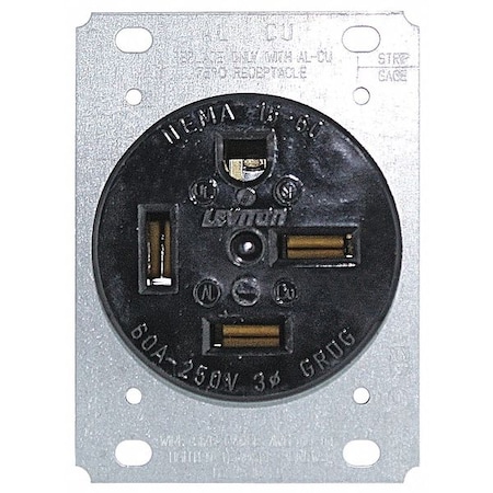 Leviton Straight Blade Receptacle, 15-60R, 60 A, 250V AC, 3 Pole, 4 Wire, Flush Mount, Three, Black 8460