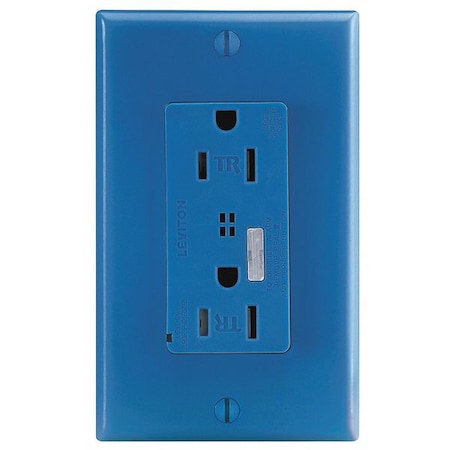 Leviton Straight Blade Receptacle, 5-15R, 15 A, 125V AC, 2 Pole, 3 Wire, Flush Mount, Single, Blue T5280-B
