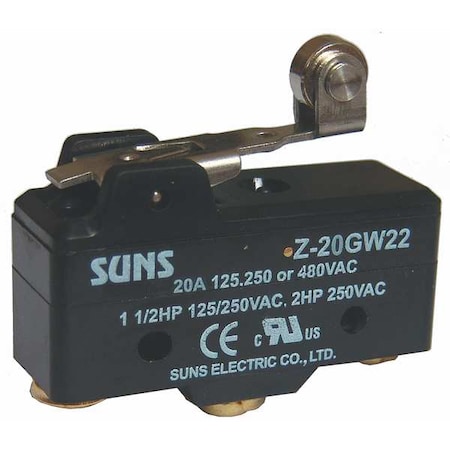 Zoro Select Industrial Snap Action Switch, Hinge Roller, Lever Actuator, SPDT, 20A @ 480V AC Contact Rating 5JEF3