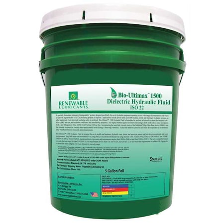 Renewable Lubricants 5 gal Pail, Hydraulic Oil, 22 ISO Viscosity, Not Specified SAE 81094