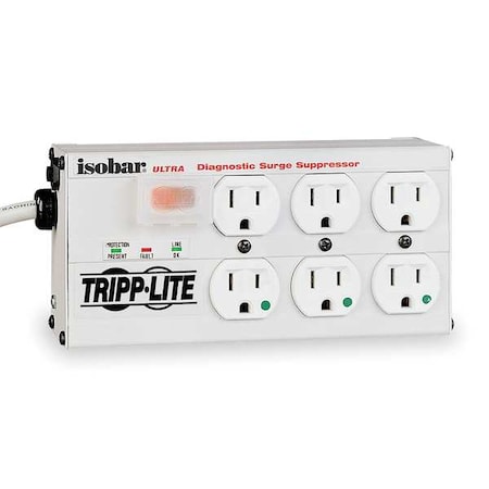 Tripp Lite Outlet Strip, Surge, Hospital Grade, 6 5-15R, 5-15P, 15 ft., Light Gray ISOBAR 6 ULTRA HG