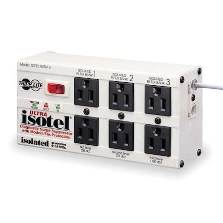 Tripp Lite Power Strip, Surge, 6 5-15R, 5-15P, 6 ft., Light Gray ISOTEL 6 ULTRA