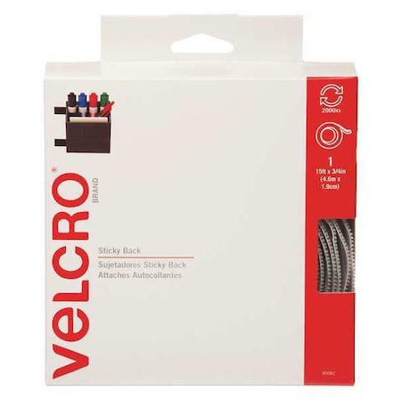 Velcro Brand Reclosable Fastener, Rubber Adhesive, 15 ft, 3/4 in W, White 90082