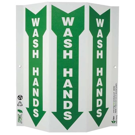 Zing Wash Hands (Arrow Pointing Down Pictogram), Plastic, 12" x 9", With Mounting Holes, 3-Sided 4062