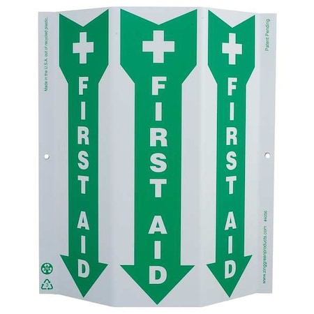 Zing First Aid (Arrow Pointing Down Pictogram), Plastic, 12" x 9", With Mounting Holes, 3-Sided 4056G