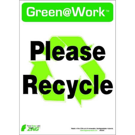 Zing Green at Work, Please Recycle, 10 in W x 7 in H, Horizontal Rectangle, Plastic 0009S