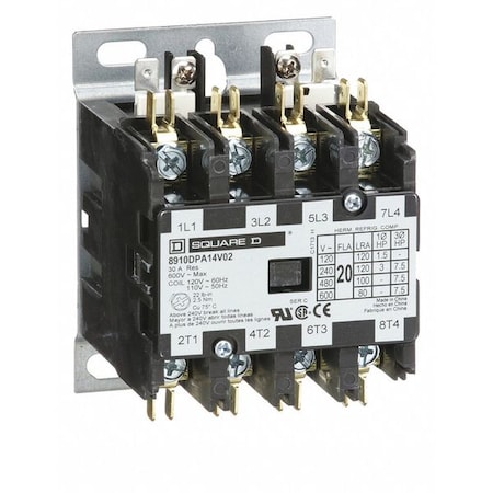 Square D 120VAC Non-Reversing Definite Purpose Contactor 4P 20A 8910DPA14V02