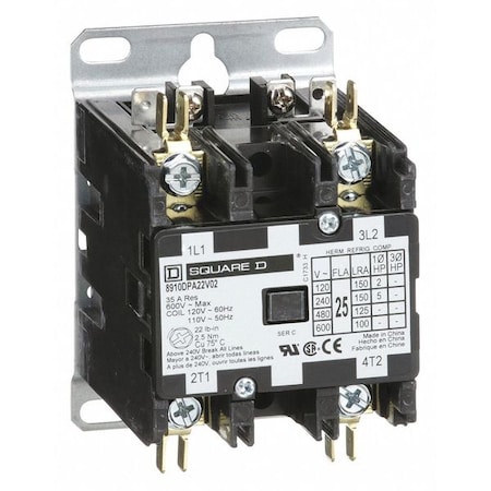 Square D 120VAC Non-Reversing Definite Purpose Contactor 2P 25A, Width: 2.5 in 8910DPA22V02
