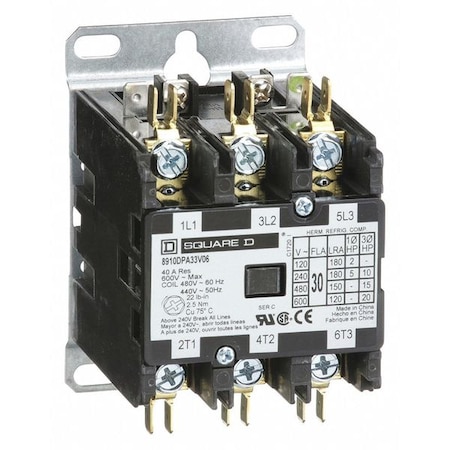 Square D Definite Purpose Magnetic Contactor, 480V AC, 3 P, Non-Reversing, 3 Phase 8910DPA33V06