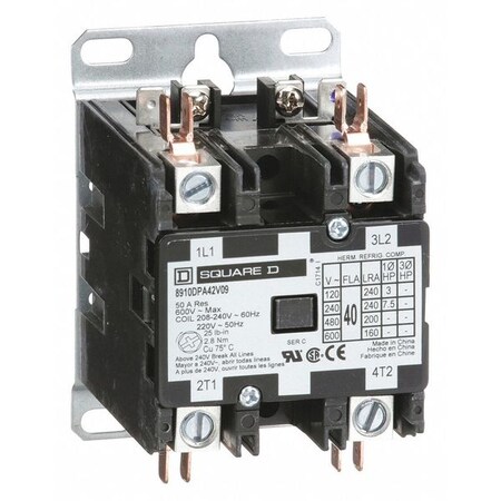 Square D 208/240VAC Non-Reversing Definite Purpose Contactor 2P 40A, Width: 2.5 in 8910DPA42V09