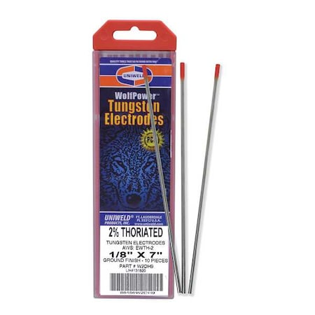 Uniweld 7" Heliarc Tungsten Electrode 1/8" Dia., PK10, Container Type: Red W2DH9