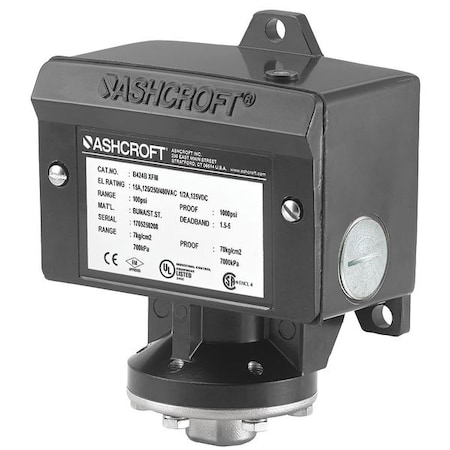 Ashcroft Pressure Switch, Standard, SPDT, 4 Ports, 1/4" FNPT, 1.5 to 15 psi Range B424VXCYLM15