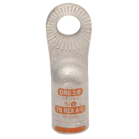 Quickcable One-Hole Compression Lug, 2/0 AWG Max, 3/8 in Stud, Standard Barrel, Copper, Orange 4920-525-001F
