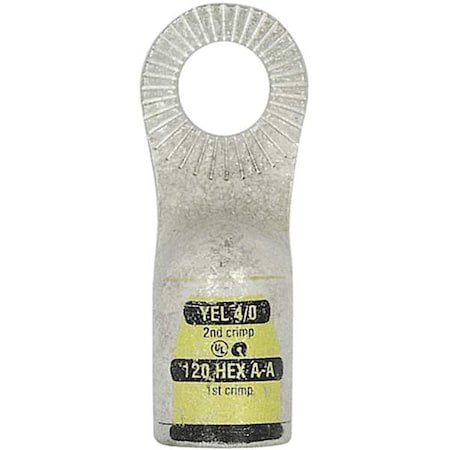 Quickcable One-Hole Compression Lug, 4/0 AWG Max, 1/2 in Stud, Standard Barrel, Copper, Yellow 4940-525-001H